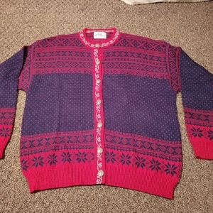 Vtg Lady Pinnacle U.S.A. Red Blue Cardigan Sweater